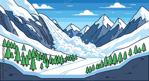 Powerful avalanche cascades down snowy mountain slope into a tranquil valley adorned with pine trees
