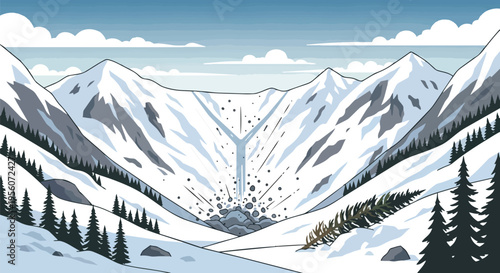 illustration of an epic winter avalanche descending through a majestic snowy mountain pass showcasing the raw untamed force of nature in a remote