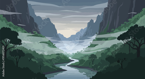 Majestic valley river winding through towering peaks shrouded in atmospheric mist creating a tranquil and serene natural landscape panorama vector