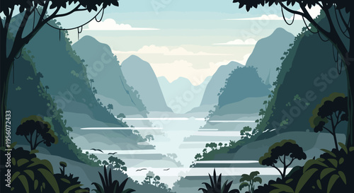 A breathtaking illustrative vista of a tranquil mountain valley with a winding river surrounded by lush tropical jungle and serene blue skies,