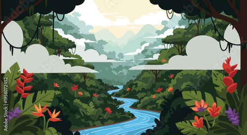 Vibrant illustrated jungle landscape showcasing a winding river, dense tropical vegetation, colorful flowers, and distant mountains under a cloudy