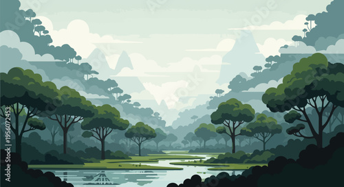 A vibrant and serene digital illustration of a misty valley river winding through a lush, verdant forest with distant, hazy mountains creating