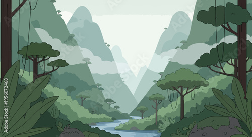 A picturesque animated jungle river meandering through an enchanting lush valley surrounded by magnificent towering mountains and vibrant green