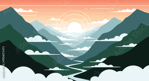 Serene layered mountain panorama at sunrise with a tranquil river meandering through valleys under a sky of warm hues and soft clouds a perfect