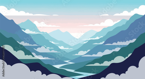 Calm vector mountain valley with a flowing river and misty peaks under a soft pastel sky