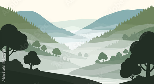 An atmospheric vector illustration showcasing a serene misty mountain valley with rolling green hills, dense pine forests, and a winding river