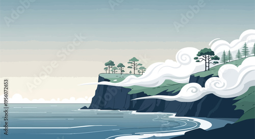 Serene Coastal Landscape with Rolling Mists and Pine-Crowned Cliffs Vector Illustration