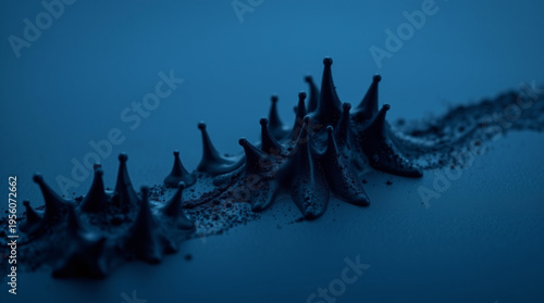 Abstract deep blue background with dense rows of spiked cone shapes covered in fine particles, creating a microscopic vi