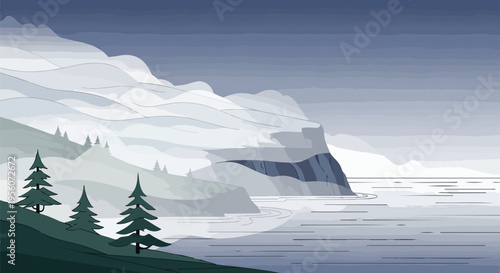 Minimalist vector art of a serene cold northern coast with layered mountains evergreen trees and tranquil water