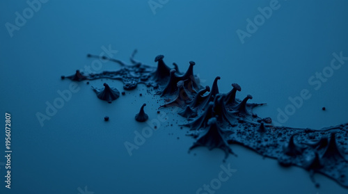 Abstract dark blue backdrop with dynamic black liquid splash forming sharp conical protrusions, rough textures resemblin