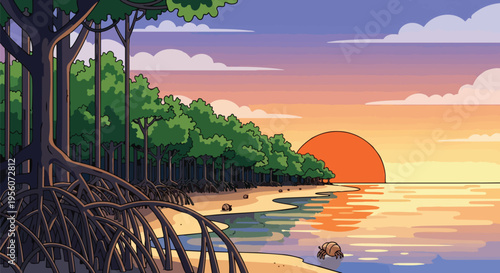 Vibrant tropical sunset scene overlooking a tranquil mangrove forest shoreline, reflecting warm evening hues on calm waters with small marine life