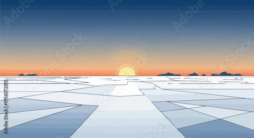 Expansive stylized polar landscape at sunrise, showcasing a radiant sun over geometric fractured ice sheets extending towards remote peaks beneath a