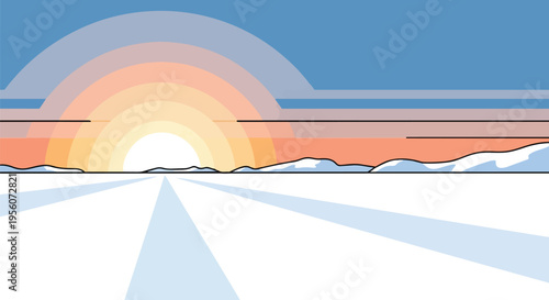 Minimalist vector illustration depicting a tranquil polar landscape with a stylized sun setting or rising over snow-capped peaks and vast frozen