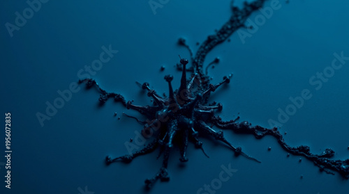 A dark blue background with black viscous substance radiating outward, forming a star-like shape with spiky tendrils, cr