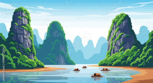 An immersive visual journey through serene Asian water landscape, showcasing majestic limestone formations rising from tranquil emerald waters under