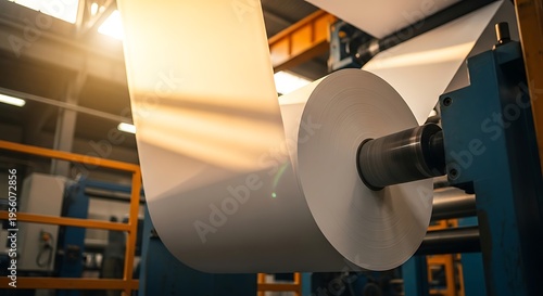 Large roll of paper being processed in a factory, illuminated by bright sunlight.