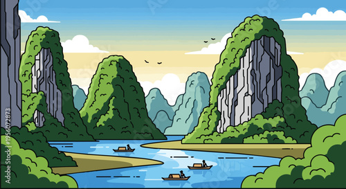 Serene river journey with traditional boats navigating lush green towering karst mountains under a calm sky depicting peaceful travel and