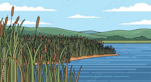A vibrantly colored cartoon illustration depicting a calm freshwater lake shore teeming with lush green cattail plants under a clear blue sky and