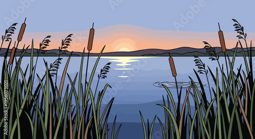 Serene marshland sunrise illustration featuring peaceful water and towering cattails and reflections