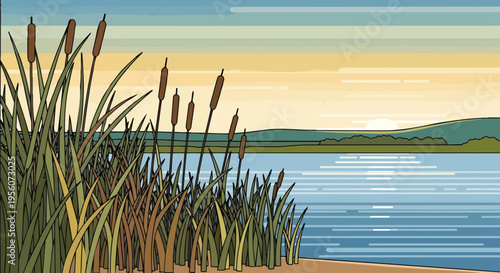 Vibrant vector illustration of a tranquil pond at sunset with prominent cattails and reflective waters