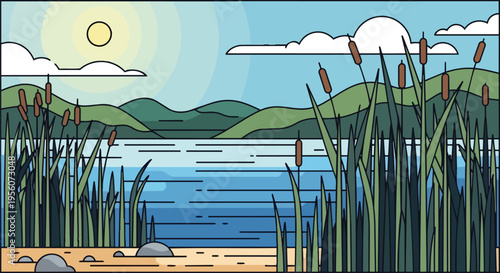 Serene lakeside wetland landscape vector art with bulrushes and distant hills under a gentle sun