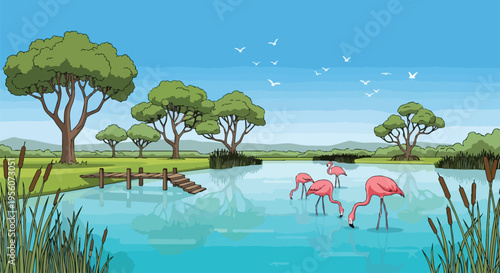 Vibrant wetland illustration showcasing pink flamingos gracefully feeding in serene blue waters a rustic wooden dock alongside lush trees under a