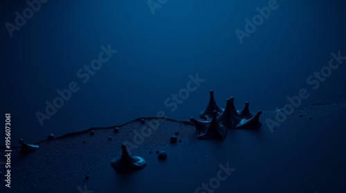 A deep blue abstract composition with textured undulating surfaces, dotted with cone-shaped protrusions, exuding a wet g