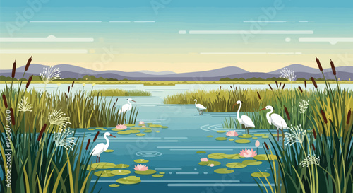 Serene wetland ecosystem with elegant white wading birds and vibrant water lilies under a peaceful sky