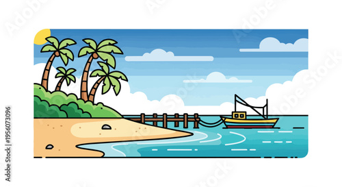 Idyllic flat design island scene with palm trees, sandy beach, pier, and a boat on calm waters