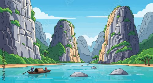 Vibrant Cartoon Illustration of Serene Asian River Landscape with Majestic Karsts and Traditional Boat