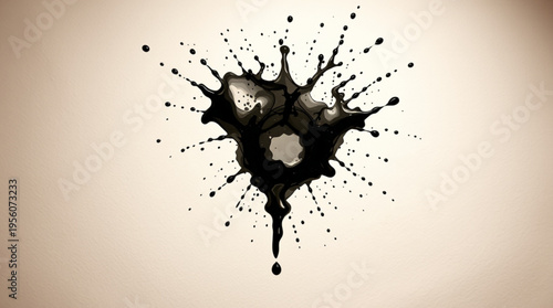 Black ink splashes dynamically on a beige background, creating abstract radial patterns with reflective center and vario