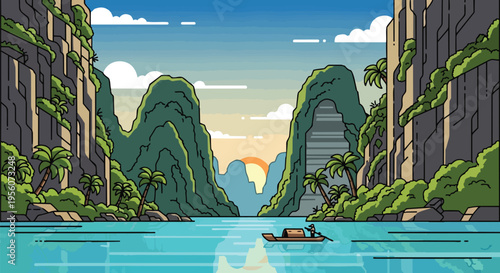 Stylized tropical bay with majestic limestone karsts and tranquil sunrise, solitary boat journey
