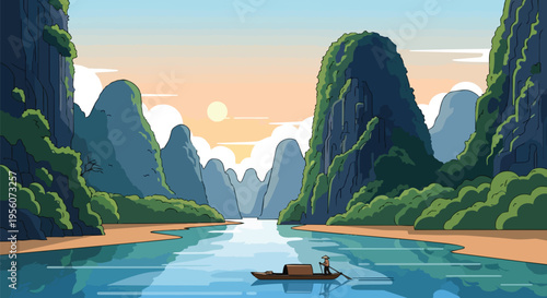 A serene journey through majestic karst mountains at sunset with a lone boatman navigating tranquil waters