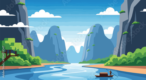 Tranquil river journey through a majestic mountain landscape with a solitary paddler serene asian inspired scenery