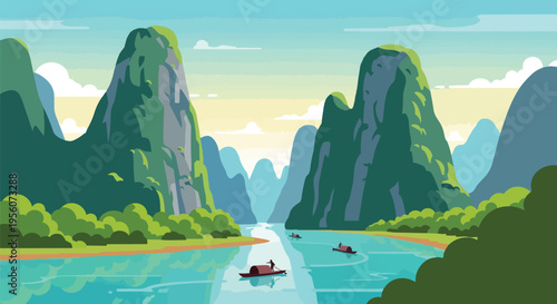 Explore a serene waterway meandering through dramatic, lush karst peaks. Traditional boats gracefully traverse the clear, reflective expanse,