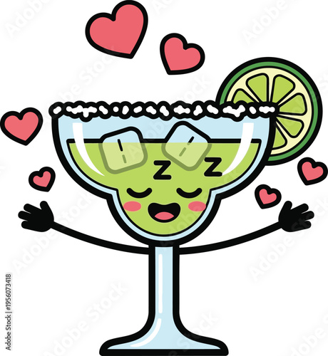 Cute Cartoon Margarita Glass with Sleeping Face and Lemon Slice Illustration