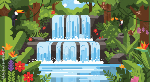 A vibrant vector illustration portraying a lush tropical rainforest ecosystem, featuring a multi-tiered cascading waterfall, exotic flora, and