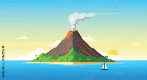 Vibrant vector art of a tropical volcanic island erupting with lava and smoke. Green slopes meet blue ocean, featuring a sailboat and bright sky.