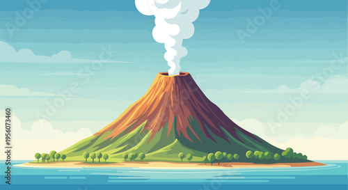 Colorful cartoon depiction of a tropical volcanic island erupting smoke into a clear sky above calm waters