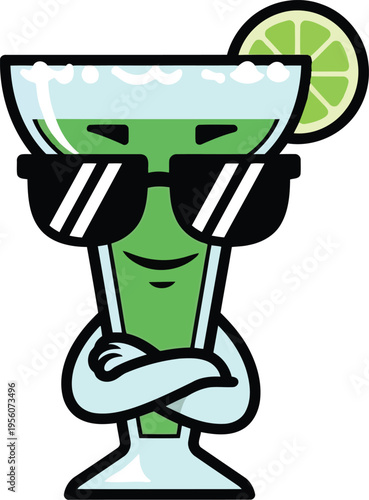Cartoon Style Green Alien Personified Margarita Glass with Sunglasses Icon