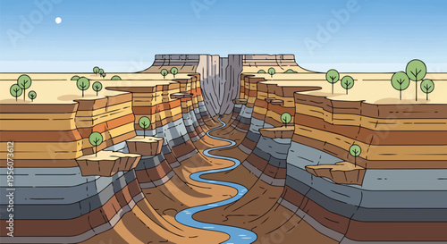A vibrant animated canyon landscape featuring a winding river cutting through ancient geological strata under a bright blue sky, showcasing natural