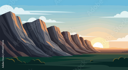 Serene vector landscape featuring a majestic mountain range at sunrise, casting warm hues over a vast green plain