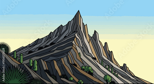 Vivid desert mountain landscape illustration showcasing arid terrain and resilient flora under a clear sky