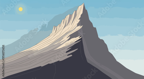 Majestic alpine peak illustration under a brilliant midday sun, showcasing dramatic rock formations and a vast blue sky, minimalist mountain range