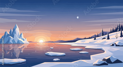 Vibrant arctic landscape illustration at sunset, featuring a majestic iceberg and snowy shores.