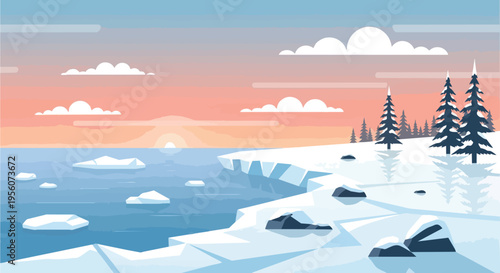 Peaceful arctic coastline at sunset or sunrise with floating icebergs and snow-covered pines.