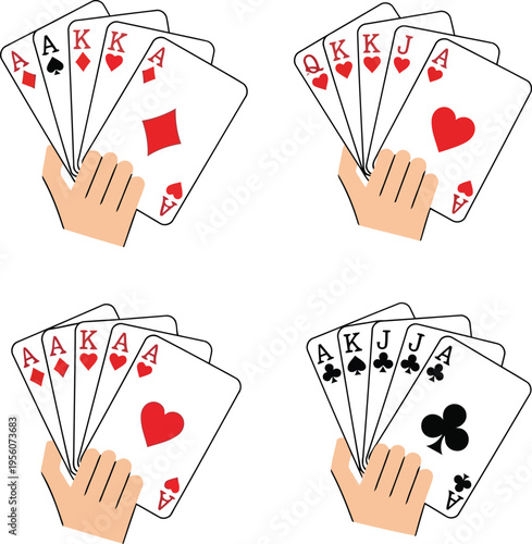Four Hands Holding Poker Card Hands: Royal Flush, Straight Flush, Four of a Kind, Flush