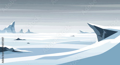 Expansive frozen wilderness with towering ice formations under a vast, monochrome sky, depicting a desolate arctic landscape.