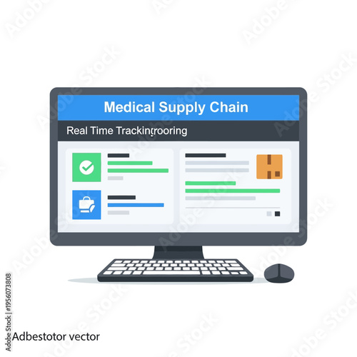 Computer screen displaying a real-time tracking interface for a medical supply chain with icons and progress bars.