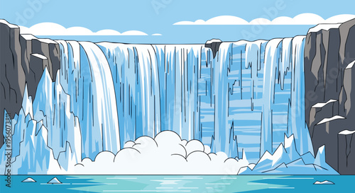 An illustrative arctic waterfall scene with icy cliffs and crisp blue waters under a clear sky showcasing nature's serene cold beauty in a charming